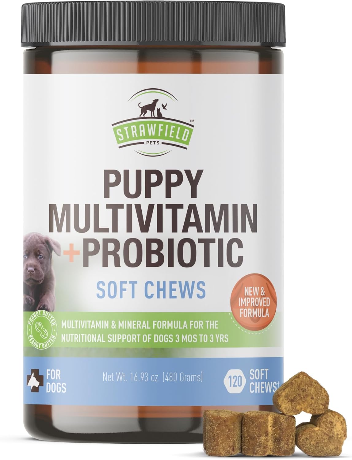 Strawfield Pets Puppy Multivitamin + Probiotics with Joint Support, Peanut Butter Flavour, 120 Soft Chews - görsel 1