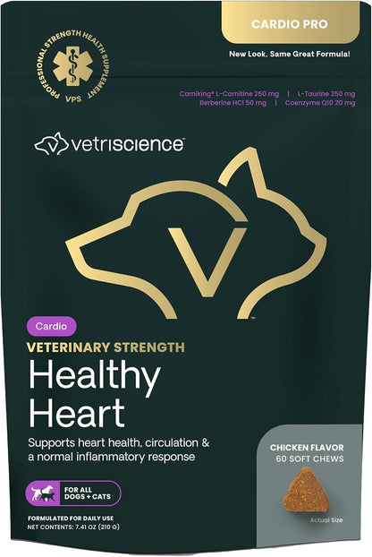 VETRISCIENCE Veterinary Strength Healthy Heart Chews – Heart & Energy Supplement for Pets – Cardiovascular Support – Chicken Flavour – 60 Count