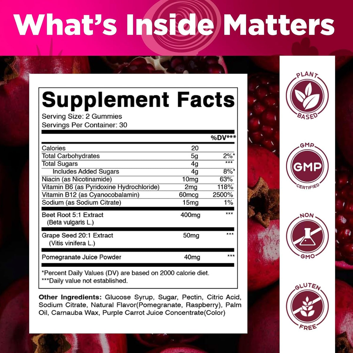 Vitamatic Beetroot Gummies with B6, B12, Grape Seed, Pomegranate & Nicotinamide - Vegan, Non-GMO, 60 Gummies - görsel 2