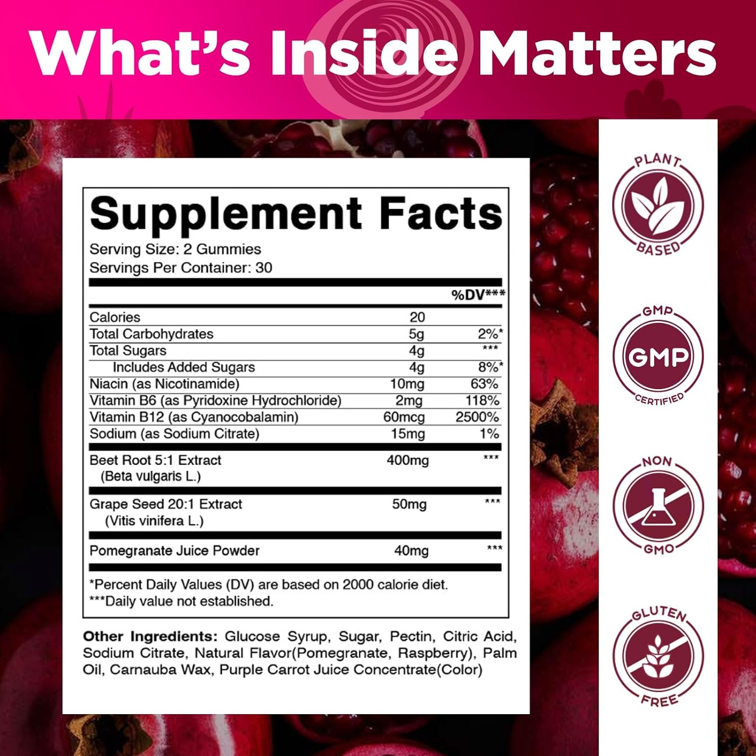 Vitamatic Beetroot Gummies with B6, B12, Grape Seed, Pomegranate & Nicotinamide - Vegan, Non-GMO, 60 Gummies - görsel 2