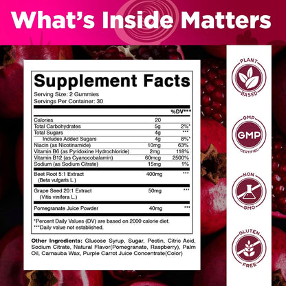 Vitamatic Beetroot Gummies with B6, B12, Grape Seed, Pomegranate & Nicotinamide - Vegan, Non-GMO, 60 Gummies