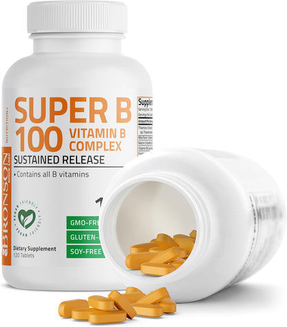 Bronson Super B100 Vitamin B Complex Sustained Release, 120 Tablets