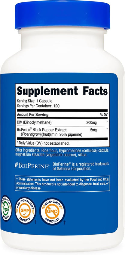 Nutricost DIM (Diindolylmethane) Plus BioPerine 300mg, 120 Vegetarian Capsules