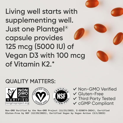 Sports Research Vitamin D3 + K2 with Coconut Oil - Vegan 5000 IU D3 & 100 mcg K2 MK-7 - 30 Soft gel capsule Capsules