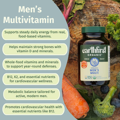 EarthFirst Organic Men's Multi Once Daily – Whole-Food Multivitamin with 19 Vitamins & Minerals, Vegan, 60 Capsules