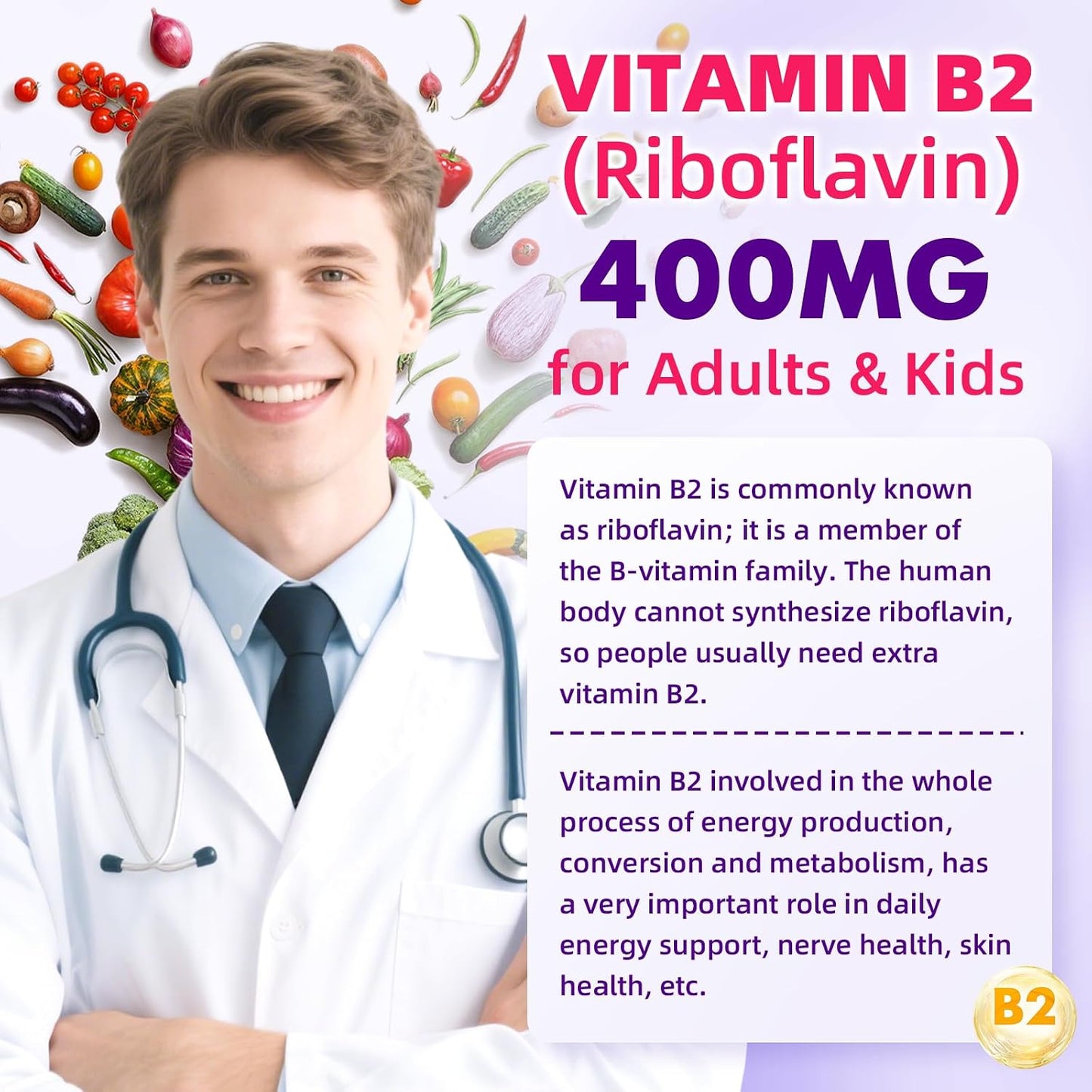 VCCHUYH Vitamin B2 Gummies 400mg – Riboflavin with Magnesium – Vegan, Non-GMO, Raspberry Flavour – 120 Gummies - görsel 5