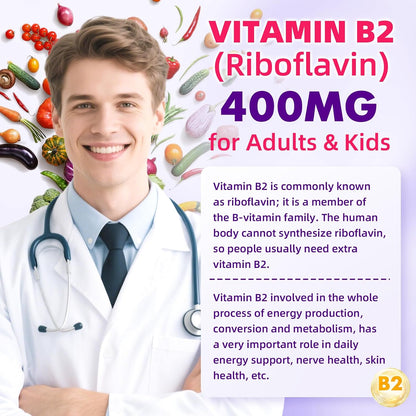 VCCHUYH Vitamin B2 Gummies 400mg – Riboflavin with Magnesium – Vegan, Non-GMO, Raspberry Flavour – 120 Gummies