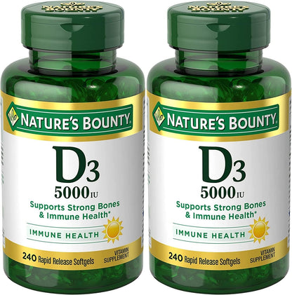 Nature's Bounty Vitamin D3, 5000 IU, Rapid Release Softgels, 240 Count (Pack of 2)