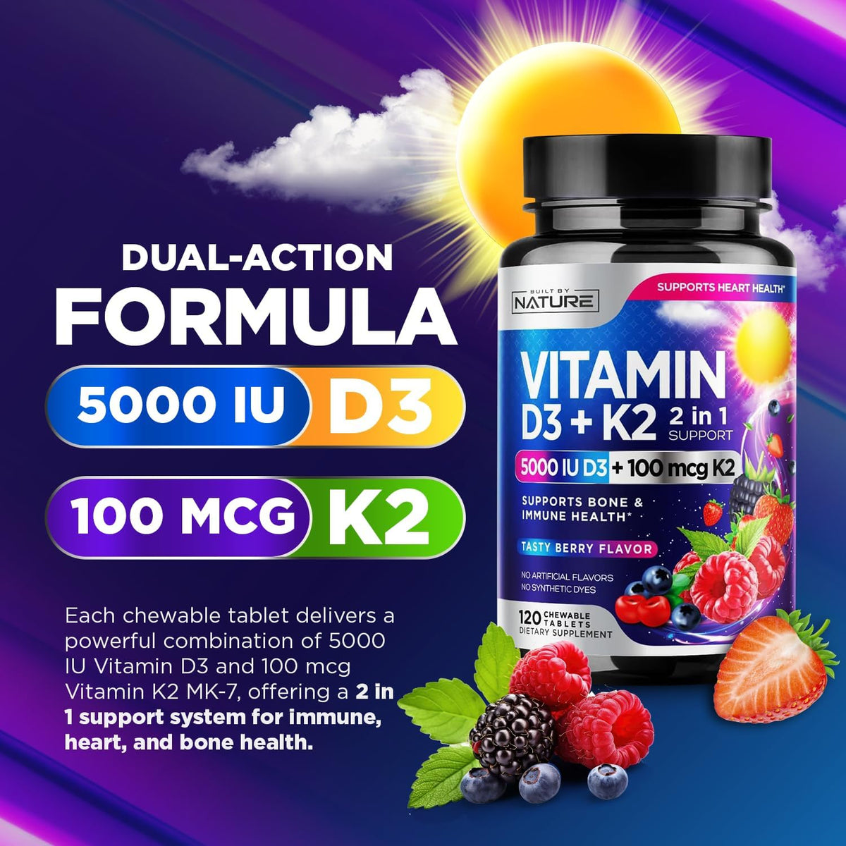 Vitamin D3 K2 Chewable, 5000 IU & K2 MK-7 100 mcg, 120 Tablets | 2-in-1 Supplement for Immune, Heart & Bone Support, Non-GM, Berry Flavour - görsel 3