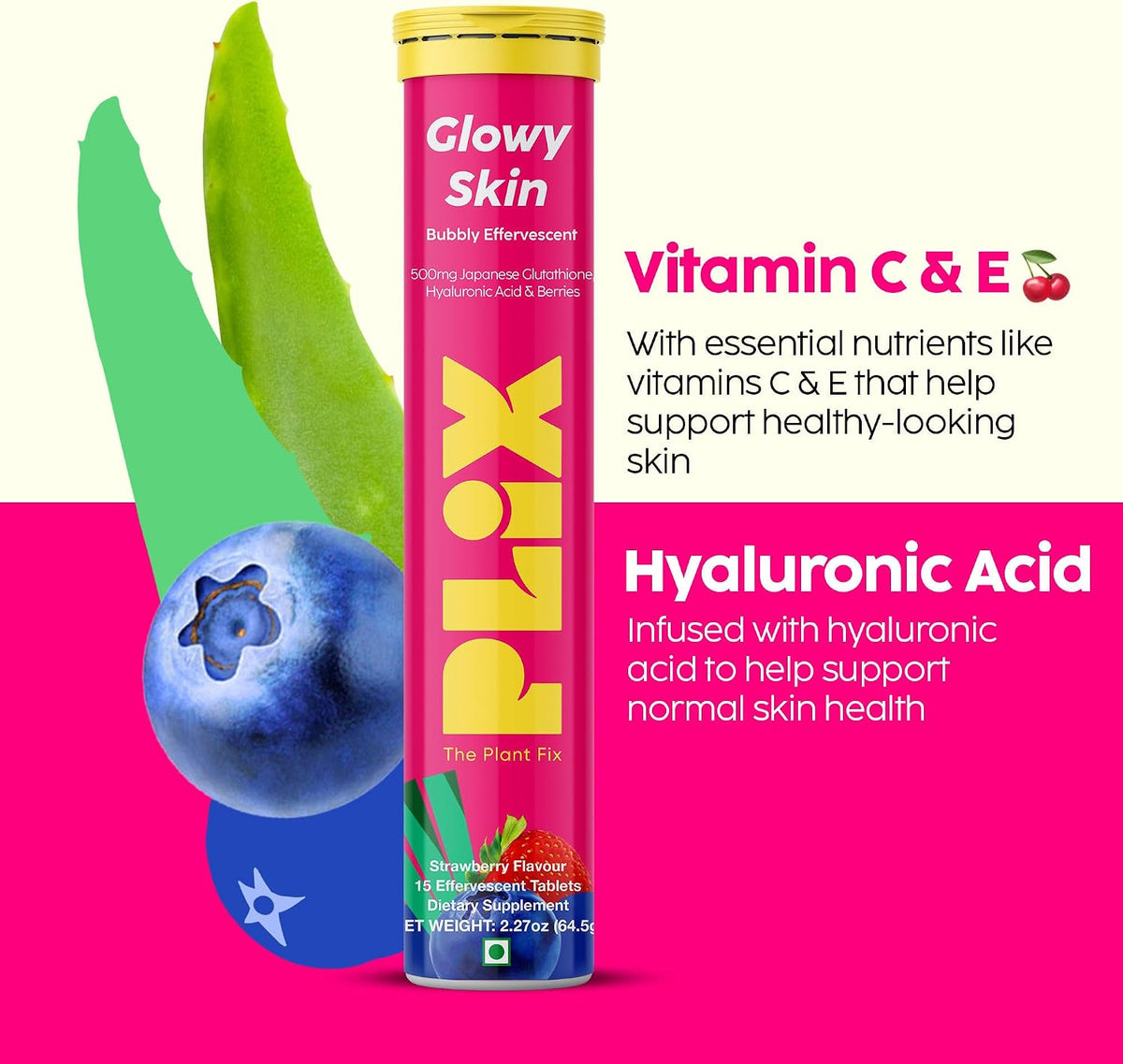 PLIX Glowy Skin Glutathione Effervescent Tablets with Vitamin C, Vitamin E & Hyaluronic Acid – Strawberry Flavour, 15 Tablets - görsel 4