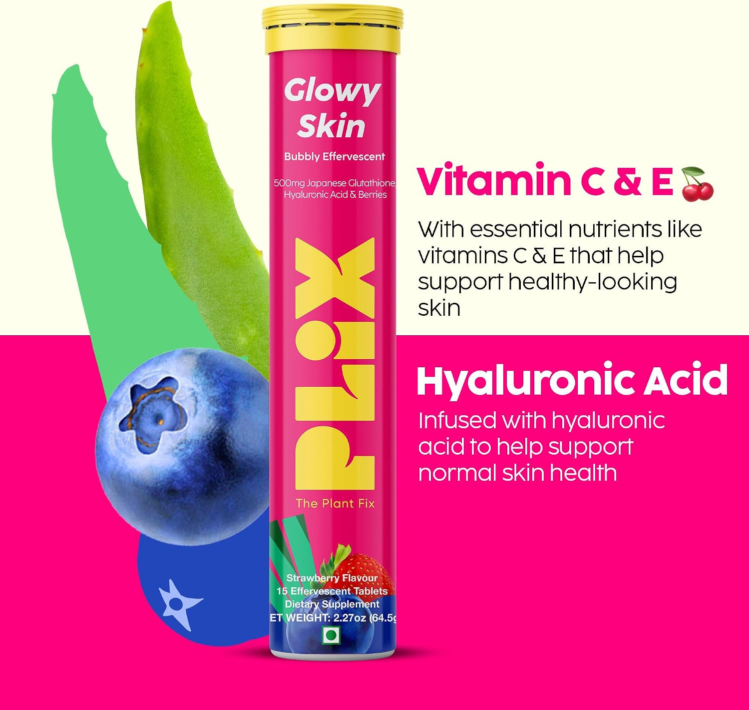 PLIX Glowy Skin 500mg Glutathione Supplement with Hyaluronic Acid, Vitamin E & Berries | 90 Effervescent Tablets, Strawberry Flavour - görsel 7