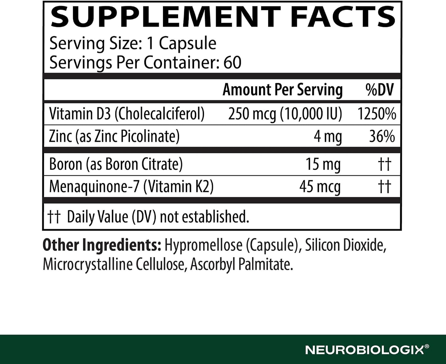 Neurobiologix Vitamin D3 + K2 Cofactor Complex, 10,000 IU with MK-7, Zinc & Boron, 60 Capsules - görsel 3