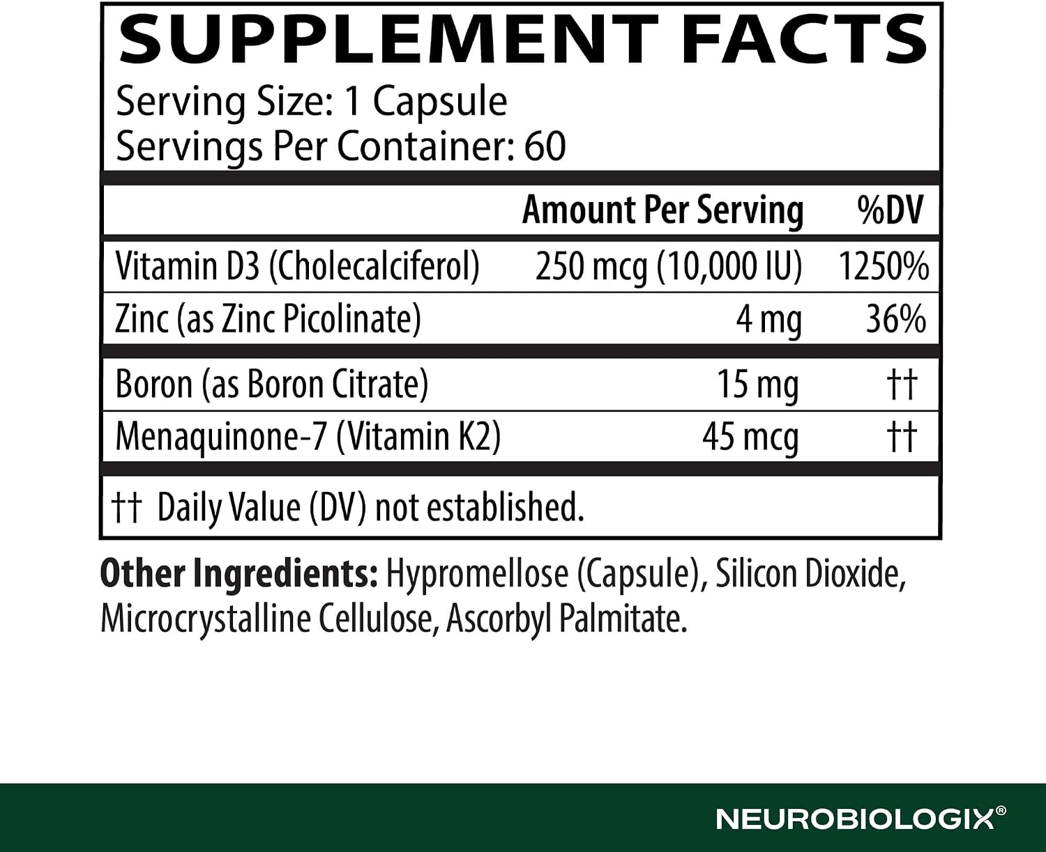 Neurobiologix Vitamin D3 + K2 Cofactor Complex, 10,000 IU with MK-7, Zinc & Boron, 60 Capsules - görsel 3