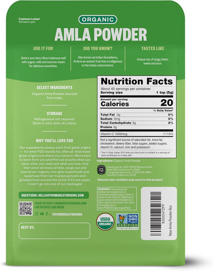 FGO Organic Amla Powder, 8oz – USDA Organic Indian Gooseberry (Amalaki), Non-GMO Natural Vitamin C