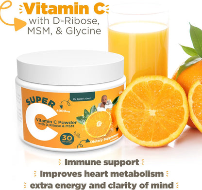 Dr. Keith's Own Super C - High-dose Powdered Vitamin C 4000mg with D-Ribose, Glycine, MSM - Unflavoured, 200 Grammes (30 Servings)