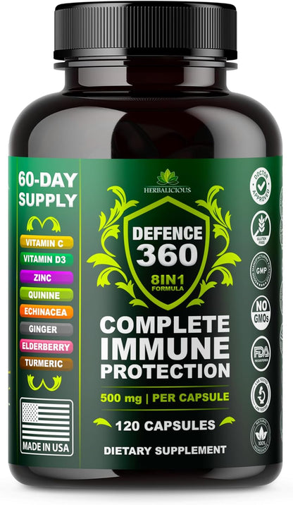 Defence360 Immune Support 8-in-1 Supplement with Vitamin C, D3, Zinc, Elderberry, Echinacea, Turmeric, Ginger and Quinine (120 Capsules)