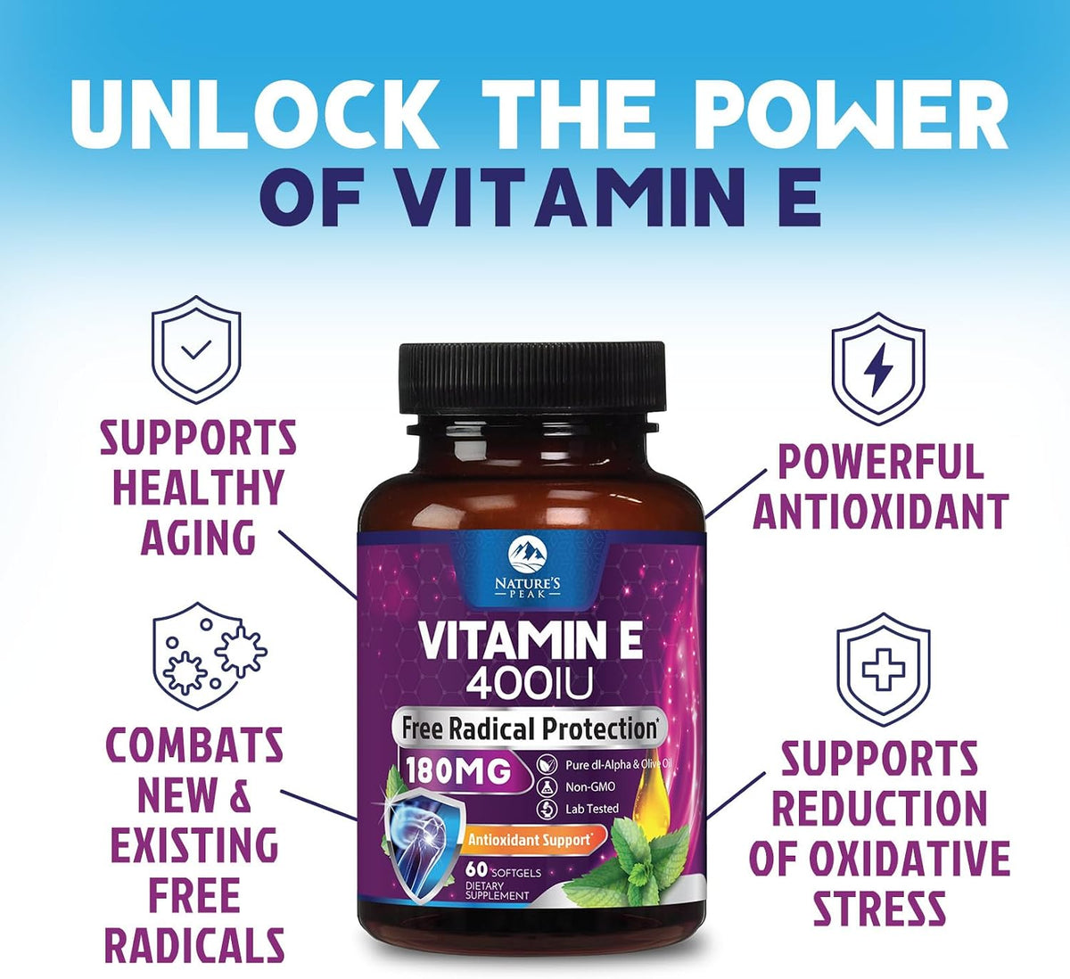 Vitamin E 180 mg Per Serving Soft gel capsules - DL-Alpha Tocopherol, Antioxidant Supplement for Skin, Heart, and Immune Support, Non-GMO & Gluten-free - 60 Soft gel capsules - görsel 7