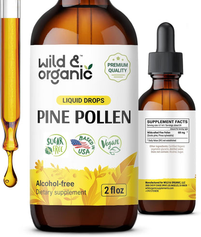 Wild & Organic Pine Pollen Tincture - Pine Pollen Extract Drops for Men & Women - Add to Tea & Drink - Pure Pinus Sylvestris Extract - Vegan, Sugar & Alcohol-Free Liquid Supplement - 2 fl oz (60 ml)