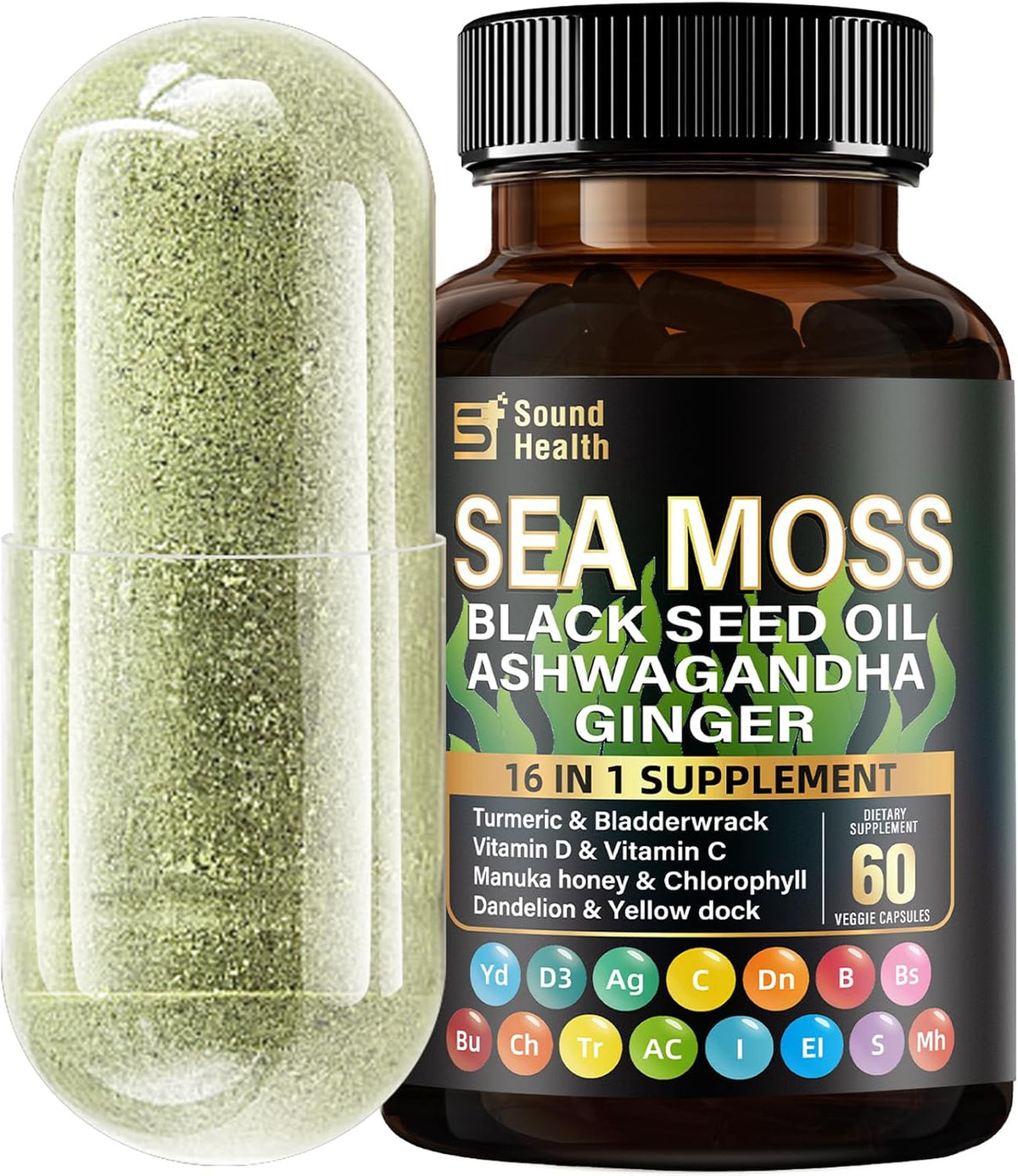 SoundHealth Irish Sea Moss Capsules for Sleep Support & Hair Growth, 16 in 1 Complex Supplement for Men & Women – Image 1