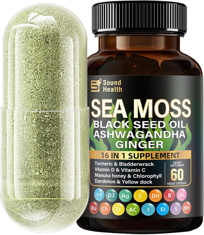 SoundHealth Irish Sea Moss Capsules for Sleep Support & Hair Growth, 16 in 1 Complex Supplement for Men & Women – Image 1