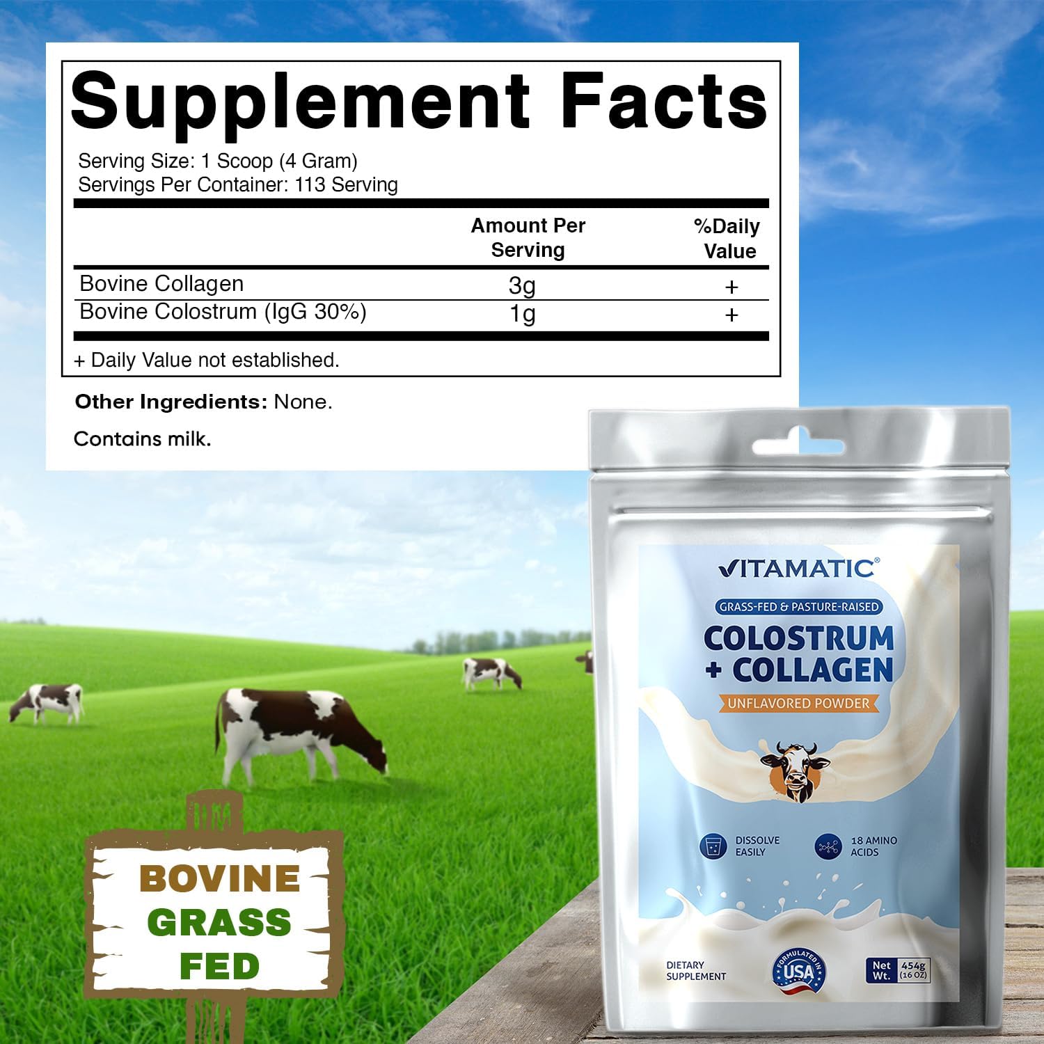 Vitamatic Bovine Colostrum + Collagen Powder - Grass-Fed, Hydrolysed, Unflavoured - 454 g (16 oz) - görsel 2