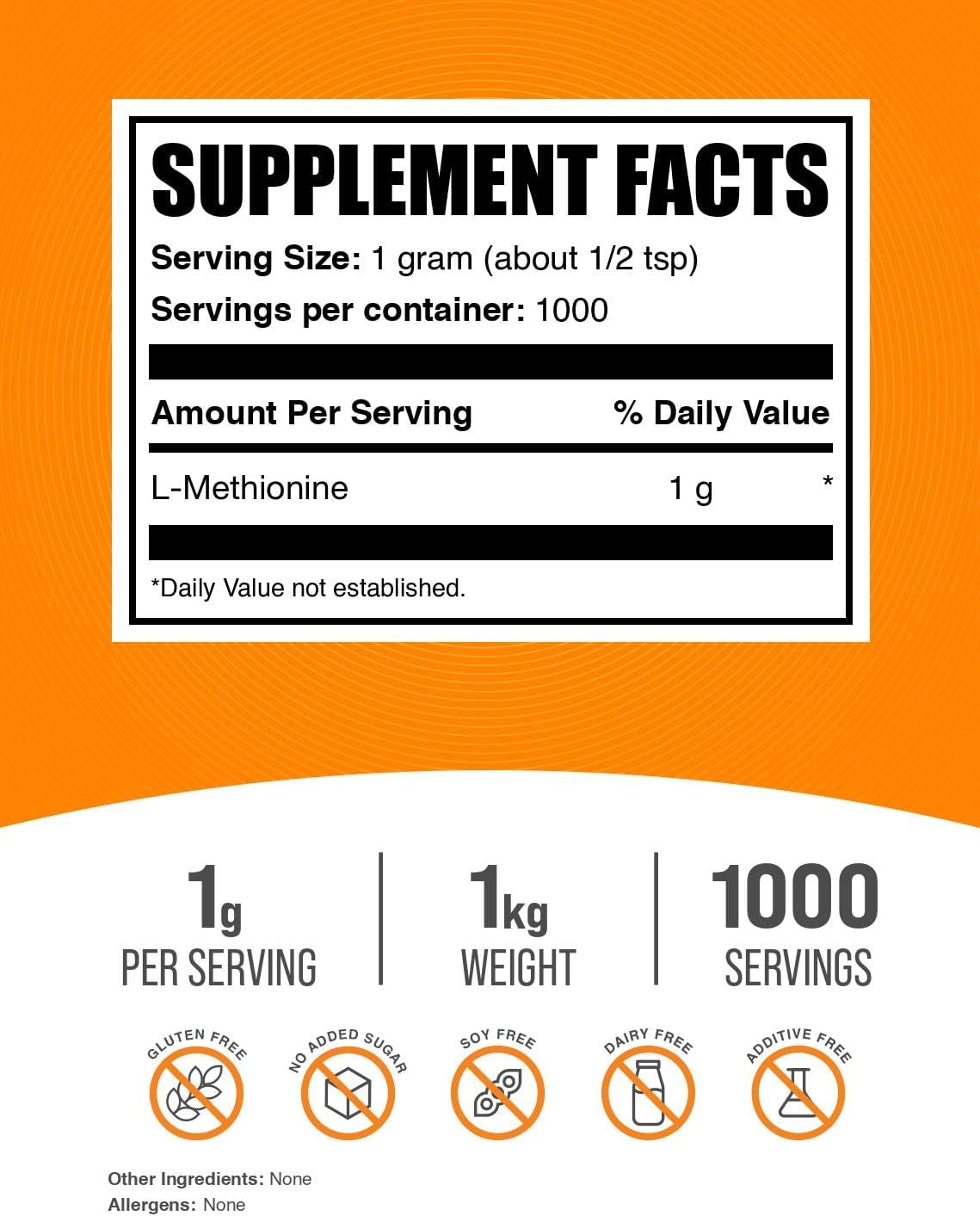 BulkSupplements.com L-Methionine Powder - Amino Acid Supplement, Gluten-free, 1kg - görsel 2
