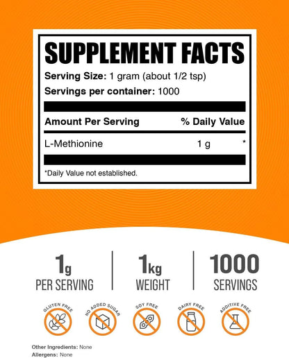 BulkSupplements.com L-Methionine Powder - Amino Acid Supplement, Gluten-free, 1kg