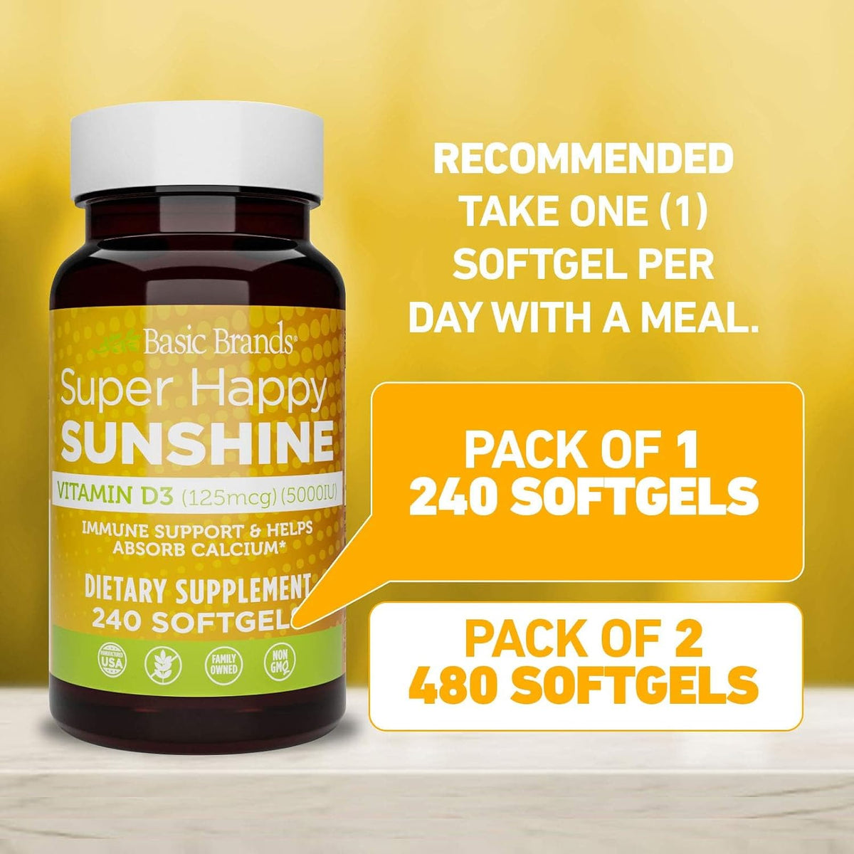 Basic Organics Super Happy Sunshine Vitamin D3 5000 IU – 240 Softgels - görsel 2