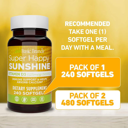 Basic Organics Super Happy Sunshine Vitamin D3 5000 IU – 240 Softgels