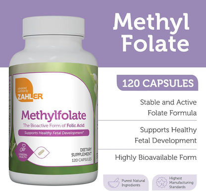Zahler Methylfolate - Supports Healthy Foetal Development and Genetic Health - Methylated Folic Acid from 1000 mcg DFE L-Methylfolate - Kosher Non-GMO Methyl Folate Supplement for Women (120 Capsules)