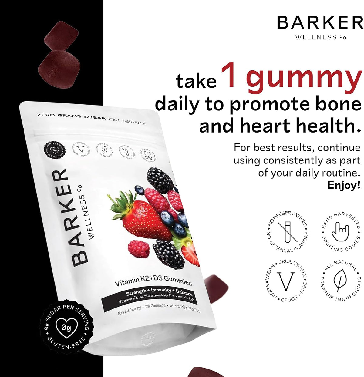 Barker Wellness D3 K2 Vitamin Gummies – Max Potency: 6000 IU D3 + 200 mcg K2 for Strong Bones, Heart Health and Immune Support | Vegan, Sugar-Free, Delicious Mixed Berry Flavour | 30 Servings - görsel 2