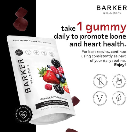 Barker Wellness D3 K2 Vitamin Gummies – Max Potency: 6000 IU D3 + 200 mcg K2 for Strong Bones, Heart Health and Immune Support | Vegan, Sugar-Free, Delicious Mixed Berry Flavour | 30 Servings