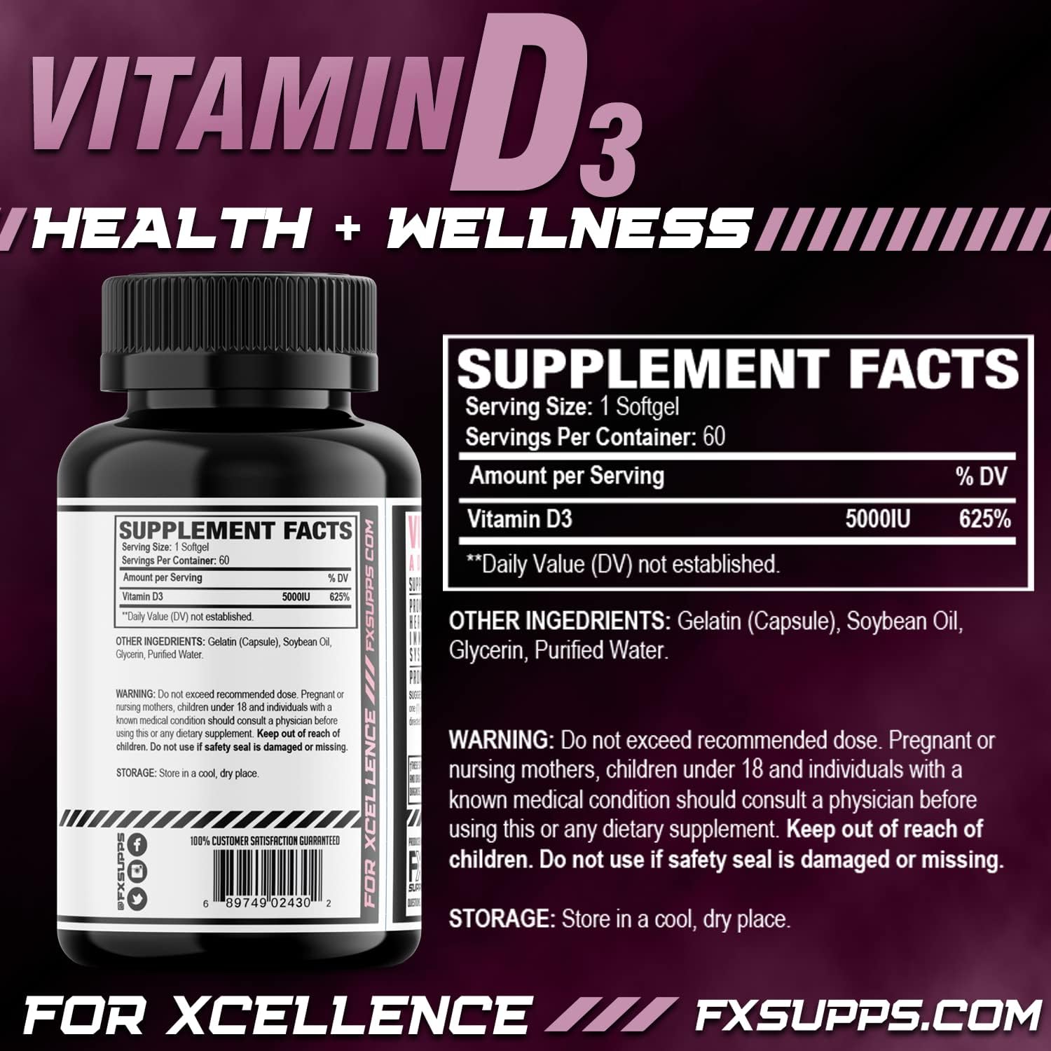 FXSUPPS Vitamin D3 5000 IU (60 Soft Gels) – Food Supplement for Bone, Heart & Immune Health - görsel 2