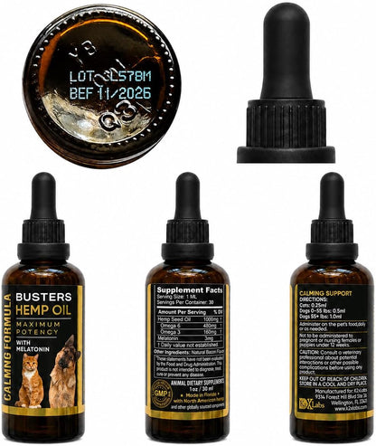 Buster's Cold Pressed Hemp Seed Oil for Dogs and Cats - Melatonin Calming Drops - 2-Pack Natural Pet Hemp Oil - Sleep Support Supplement