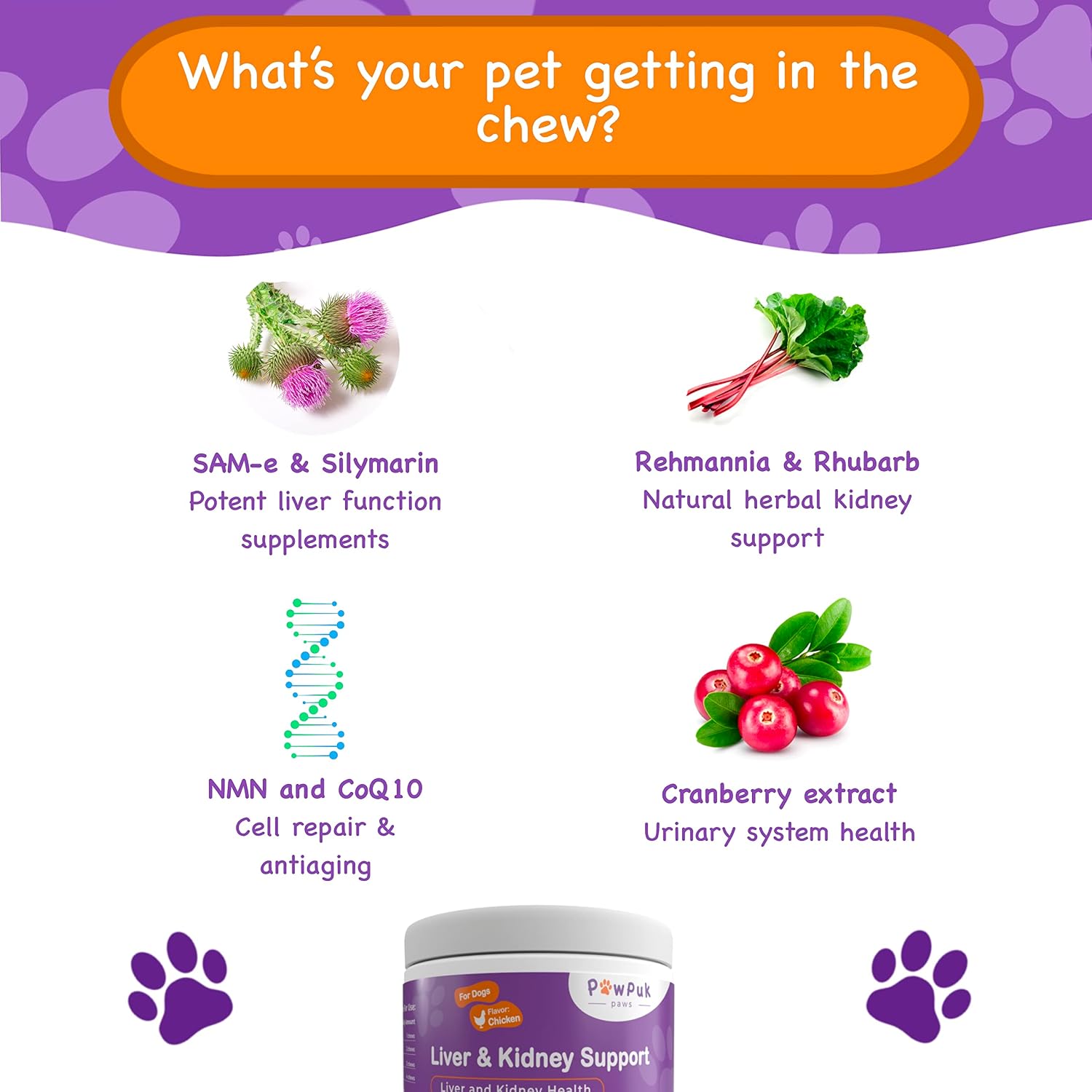 PawPuk Paws Liver & Kidney Vitamins Supplements for Dogs, SAM-e & Silymarin - Liver Function, NMN & CoQ10 - Anti-Ageing, Rehmannia & Rhubarb - Natural Herbal Kidney Support, Cranberry - Urinary Tract Health - görsel 3