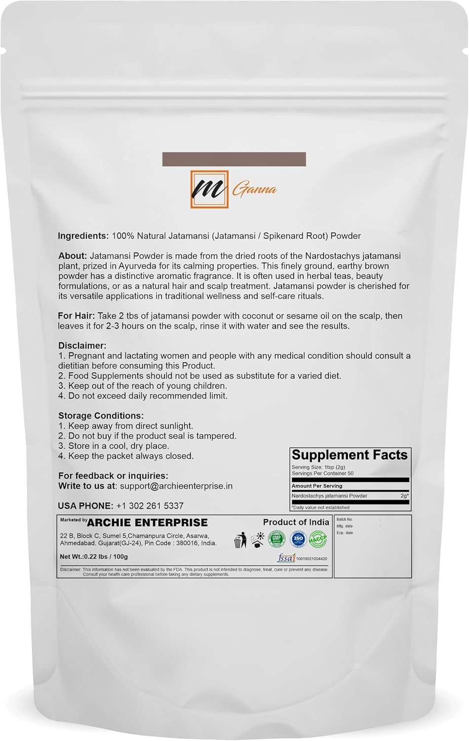 mGanna 100% Natural Jatamanshi Powder - Nardostachys jatamansi (Spikenard Root) for Hair and Health, 100g - görsel 2