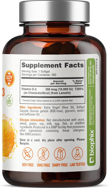 biophix Vitamin D3 10000 IU 380 Softgels - High Strength with Extra Virgin Olive Oil