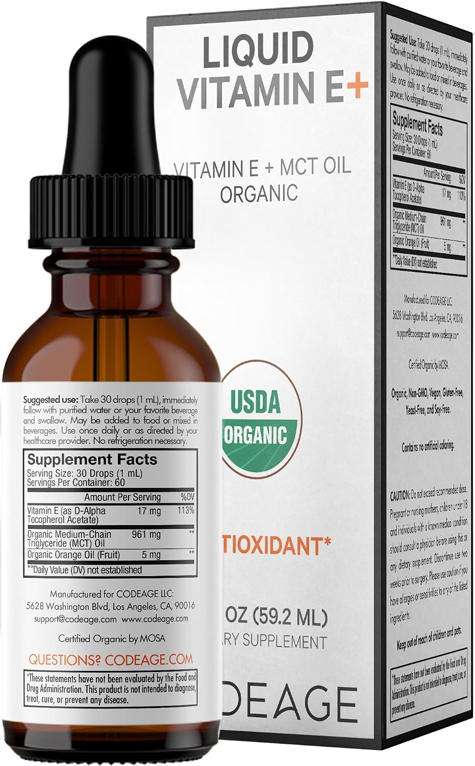 Codeage Liquid Vitamin E+ - USDA-Certified Organic Vitamin E - 2-Month Supply - D-Alpha Tocopherol Acetate, Organic MCT Oil, Orange Fruit Oil, Unflavoured, Non-GMO, Vegan, Gluten-free, 60 ml - görsel 8