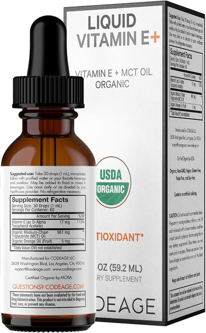 Codeage Liquid Vitamin E+ - USDA-Certified Organic Vitamin E - 2-Month Supply - D-Alpha Tocopherol Acetate, Organic MCT Oil, Orange Fruit Oil, Unflavoured, Non-GMO, Vegan, Gluten-free, 60 ml
