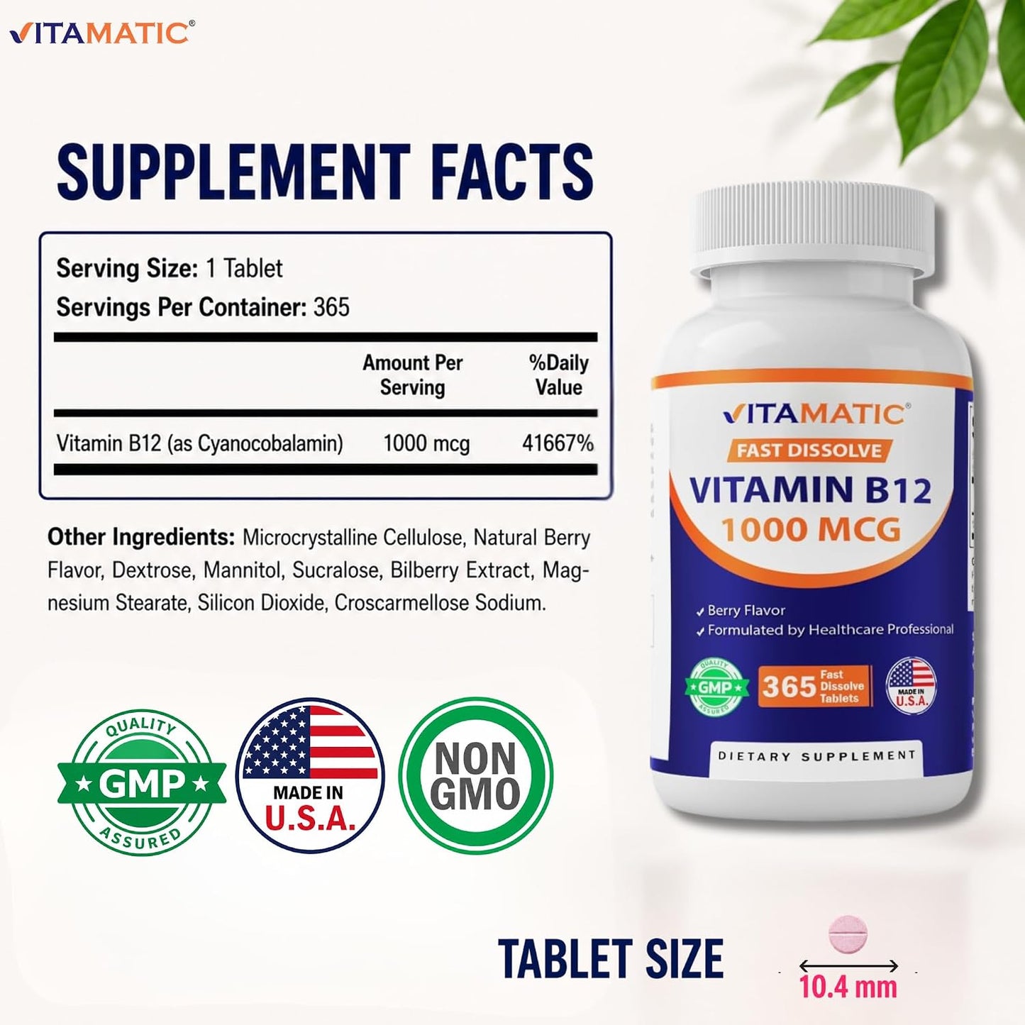 Vitamatic Vitamin B12 1000 mcg Fast Dissolving Tablets, Natural Berry Flavour, 365 Count - görsel 2
