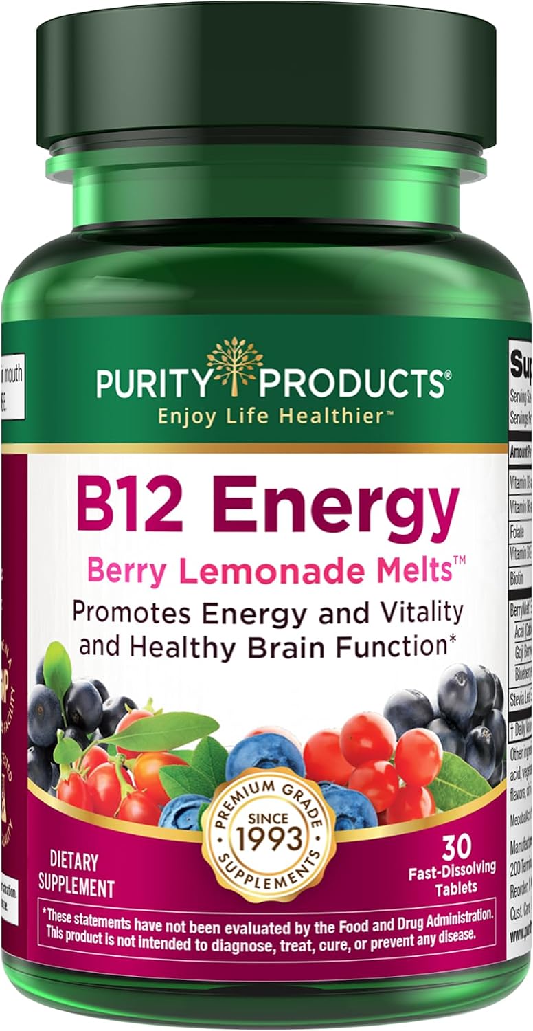 Purity Products B-12 Energy Berry Lemonade Melt with Methylcobalamin B12, B6, D3, Folic Acid, and Biotin - 30 Melting Tablets - görsel 1