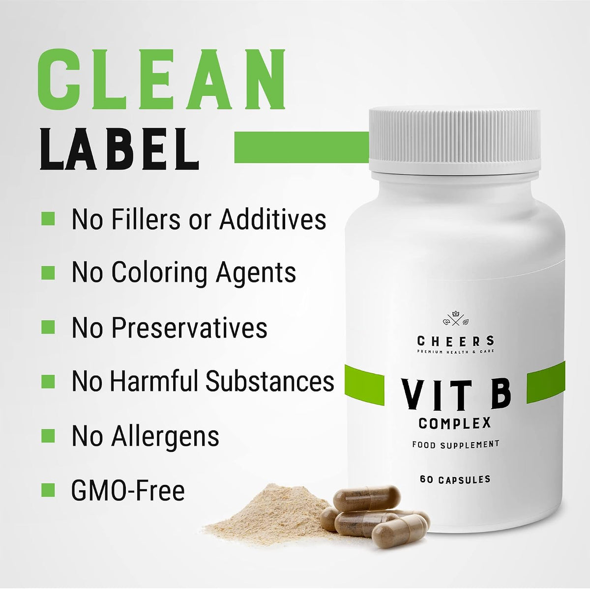 CHEERS Vitamin B Complex - 113.5mg Complete B Vitamins - Vegan, Non-GMO, DRcaps Plus - 60 Capsules - görsel 6