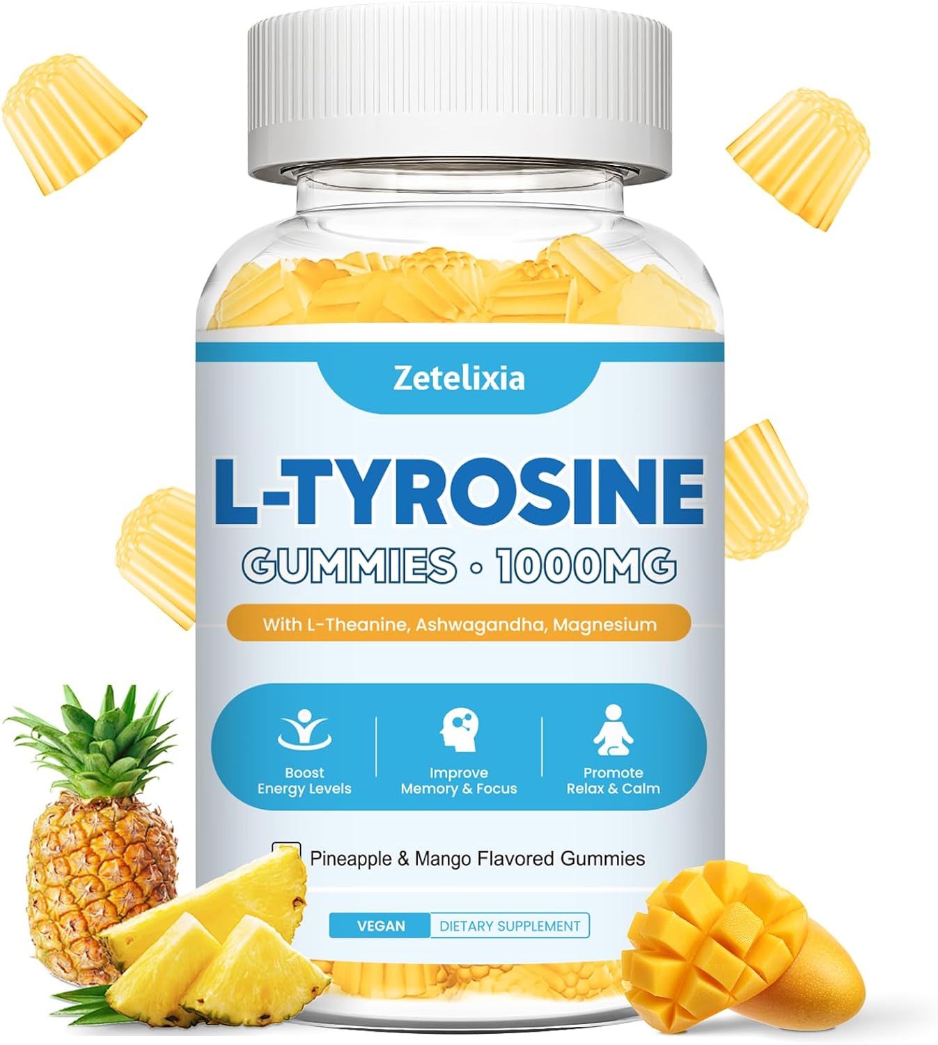 Zetelixia L-Tyrosine Gummies 2-Pack - 10-in-1 Food Supplement with L-Theanine, B6, D3, Ashwagandha - Strawberry Flavour (120 Count) - görsel 9