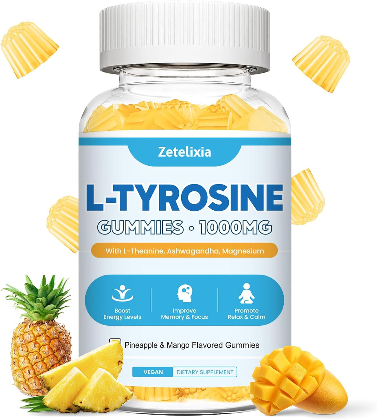 Zetelixia L-Tyrosine Gummies 2-Pack - 10-in-1 Food Supplement with L-Theanine, B6, D3, Ashwagandha - Strawberry Flavour (120 Count) - görsel 9