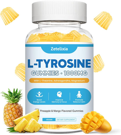 Zetelixia L-Tyrosine Gummies 2-Pack - 10-in-1 Food Supplement with L-Theanine, B6, D3, Ashwagandha - Strawberry Flavour (120 Count)