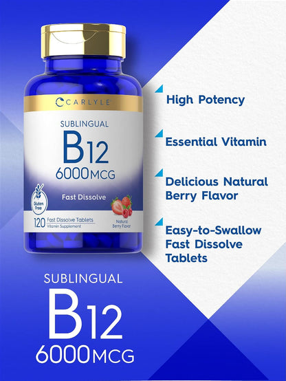 Carlyle Vitamin B12 6000mcg Sublingual Tablets - Natural Berry Flavour - 120 Count