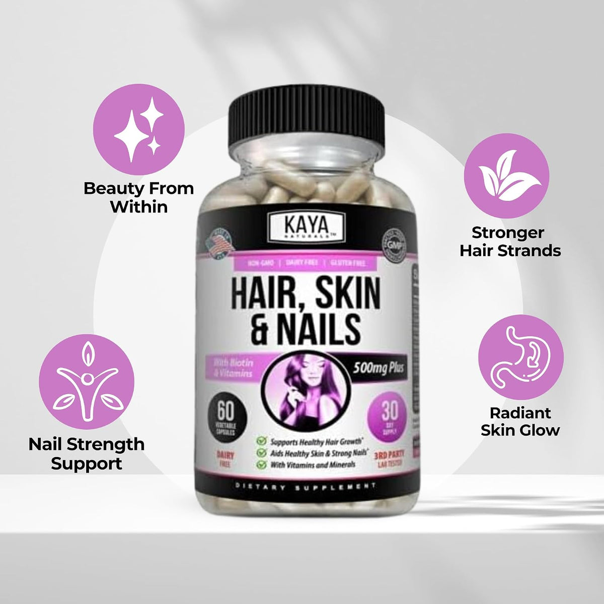 Kaya Naturals Hair, Skin & Nail Capsules – Biotin, Vitamin D, B12, A, Folic Acid Food Supplement – Image 4