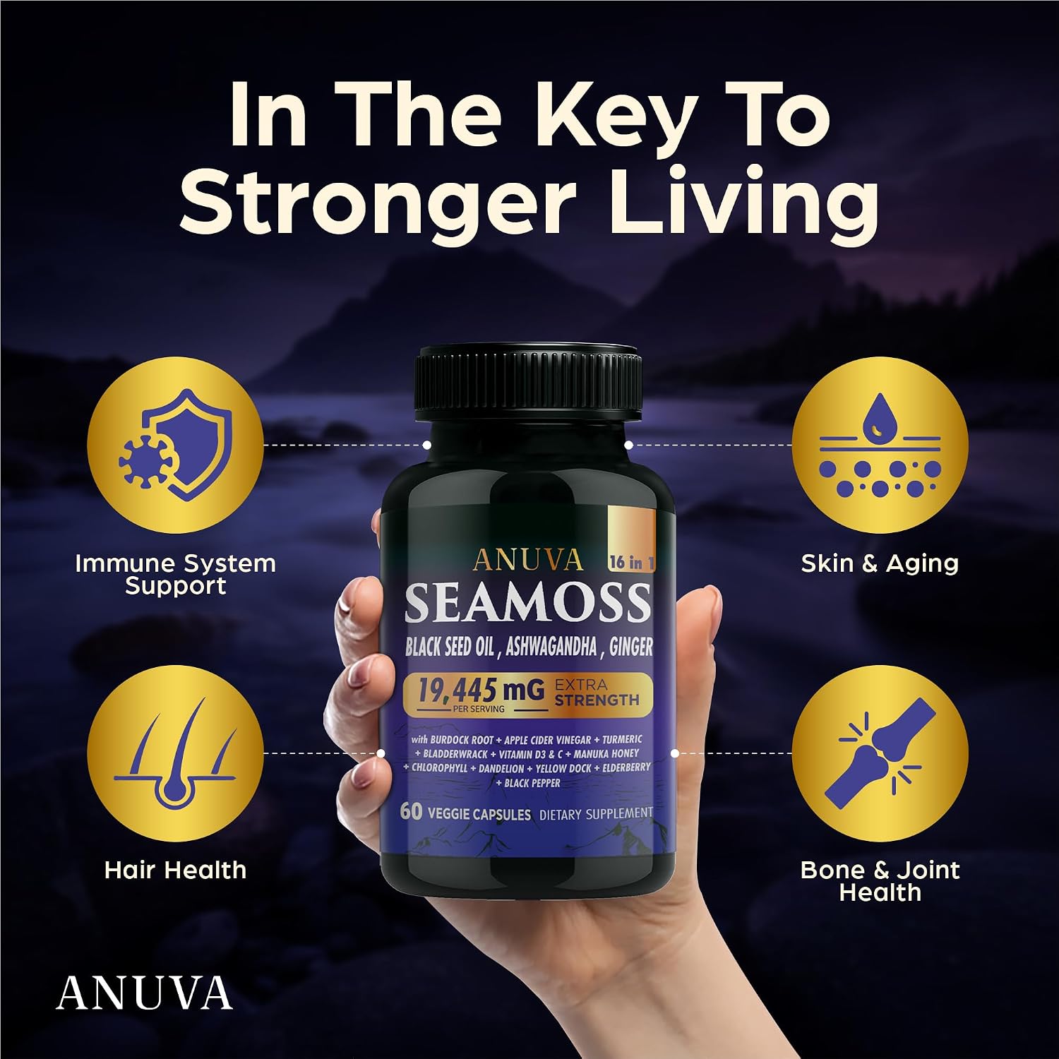 Anuva 16-in-1 Sea Moss Capsules | Black Seed Oil, Ashwagandha, Vitamin C, D3, Turmeric, Burdock, Bladderwrack & Multi-Minerals | 60 Vegetarian Capsules - görsel 2