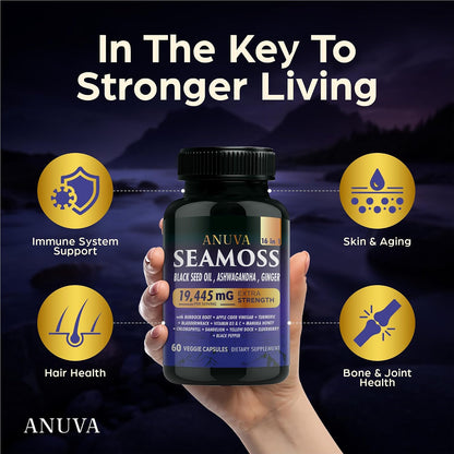 Anuva 16-in-1 Sea Moss Capsules | Black Seed Oil, Ashwagandha, Vitamin C, D3, Turmeric, Burdock, Bladderwrack & Multi-Minerals | 60 Vegetarian Capsules