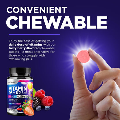 Vitamin D3 K2 Chewable, 5000 IU & K2 MK-7 100 mcg, 120 Tablets | 2-in-1 Supplement for Immune, Heart & Bone Support, Non-GM, Berry Flavour